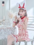 【値下げ！】【即日発送】【ハロウィン】 チェックバニーセットアップ  【コスプレ6点セット】【XS-Lサイズ/2カラー】[YMT]