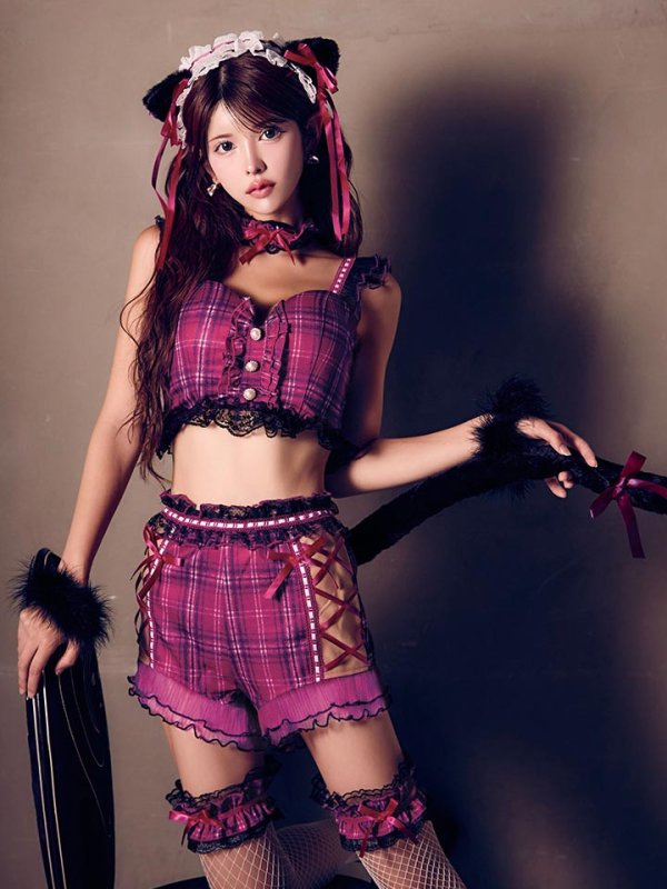 画像1: 【即日発送】【ハロウィン】チェックキャットセットアップ【コスプレ6点セット】【S-Mサイズ/1カラー】[OF03]