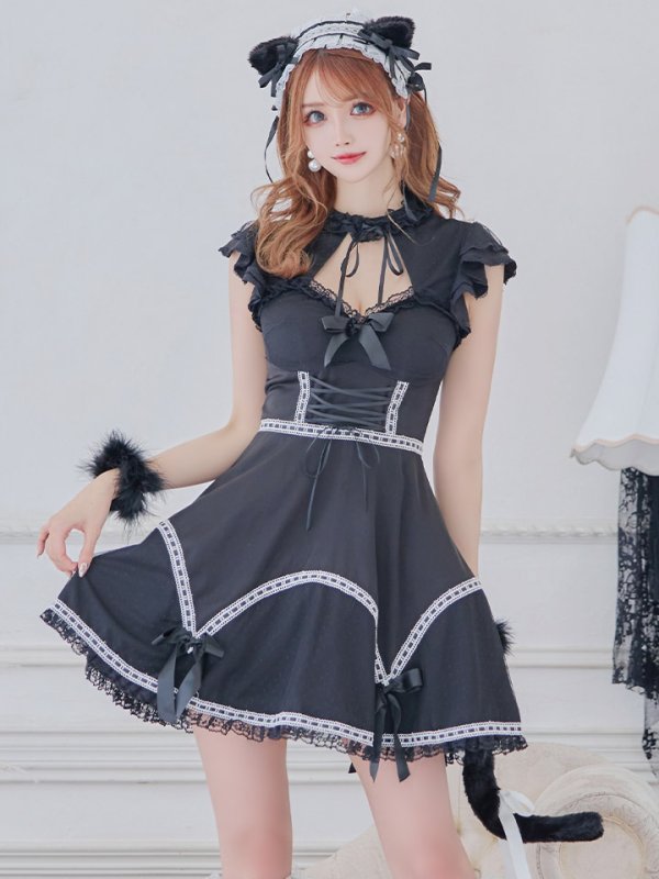 画像3: 【SALE!!】【即日発送】【ハロウィン】 レースアップブラックキャット 【コスプレ4点セット】【S-Lサイズ/1カラー】[OF04]
