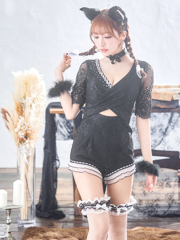 画像4: 【SALE!!】【即日発送】【ハロウィン】 ブラックレースキャット/オールインワン/黒猫 【コスプレ5点セット】【S-Lサイズ】[HC03]