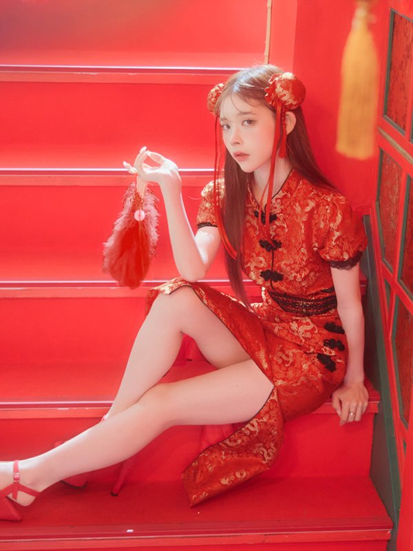 画像27: 【即日発送】【ハロウィン】 緩苺ちゃん着用 パフスリーブチャイナドレス【コスプレ2点セット】【S-XLサイズ/3カラー】(SE01YN)[OF04]