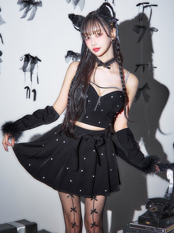 画像2: 【ノベルティ対象】【即日発送！】【ハロウィン】ビジューブラックキャットセットアップ 【コスプレ7点セット】[OF01]