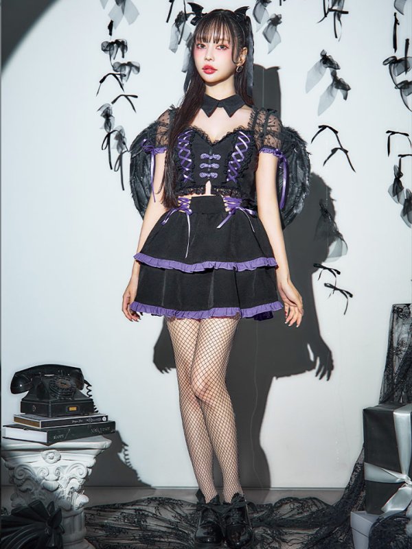 画像4: 【SALE!!】【即日発送！】【ハロウィン】レースアップデビルスカートセットアップ 【コスプレ6点セット】[OF04-H]