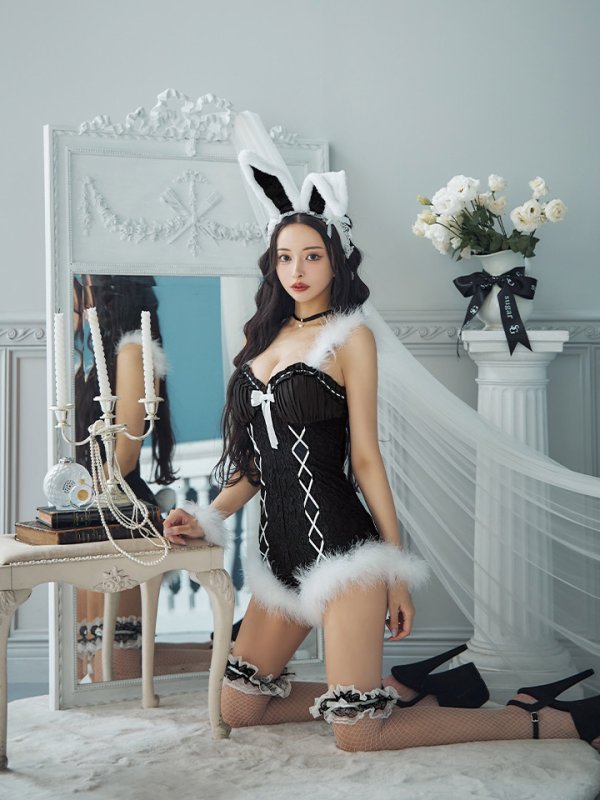 画像5: 【ハロウィン】 ファーキャミレースバニーガール 【コスプレ6点セット】 【XS-Mサイズ/2カラー】[OF04]