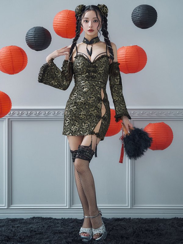 画像20: 【即日発送！】【ハロウィン】 オフショルチャイナワンピース 【コスプレ6点セット】 【XS-Lサイズ/3カラー】(SE01YN)[OF04]