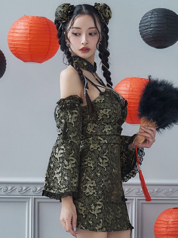 画像25: 【即日発送！】【ハロウィン】 オフショルチャイナワンピース 【コスプレ6点セット】 【XS-Lサイズ/3カラー】(SE01YN)[OF04]