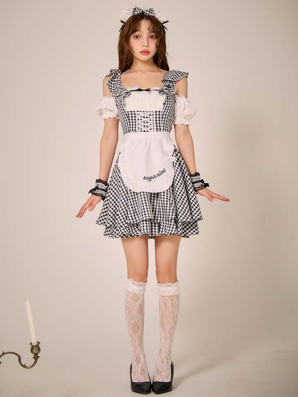 画像4: 【SALE!!】【即日発送！】【ハロウィン】ギンガムチェックメイドワンピース 【コスプレ5点セット】[HC03]