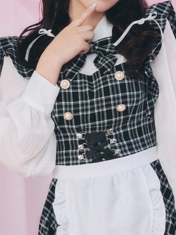 画像10: 【SALE!!】【即日発送！】【ハロウィン】ブラックチェックメイドワンピース 【コスプレ5点セット】[OF04]