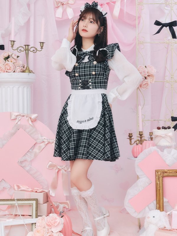 画像5: 【SALE!!】【即日発送！】【ハロウィン】ブラックチェックメイドワンピース 【コスプレ5点セット】[OF04]