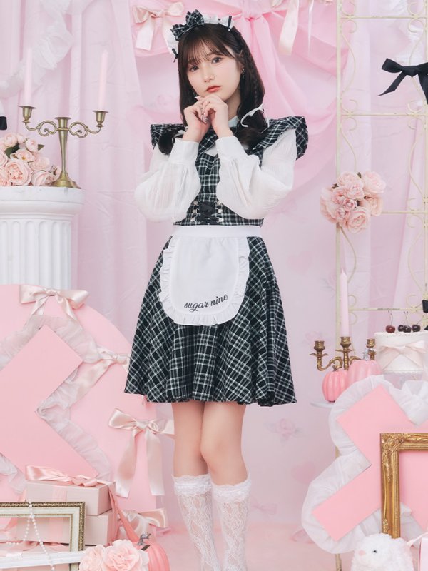 画像6: 【SALE!!】【即日発送！】【ハロウィン】ブラックチェックメイドワンピース 【コスプレ5点セット】[OF04]