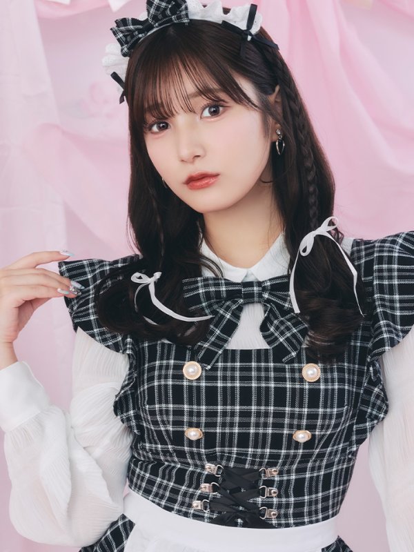 画像8: 【SALE!!】【即日発送！】【ハロウィン】ブラックチェックメイドワンピース 【コスプレ5点セット】[OF04]