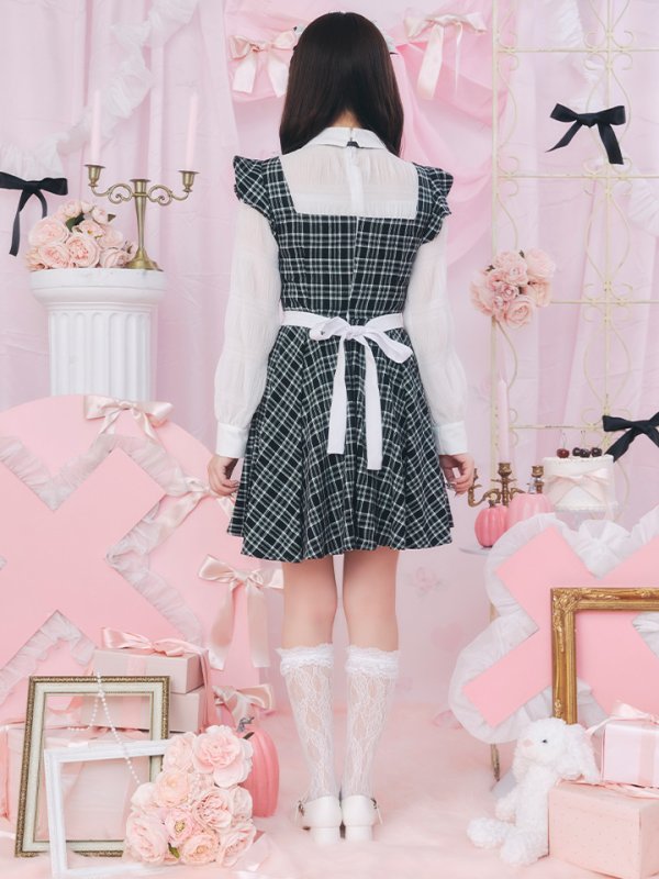 画像9: 【SALE!!】【即日発送！】【ハロウィン】ブラックチェックメイドワンピース 【コスプレ5点セット】[OF04]