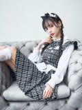 【即日発送！】【ハロウィン】ブラックチェックメイドワンピース 【コスプレ5点セット】[YMT]