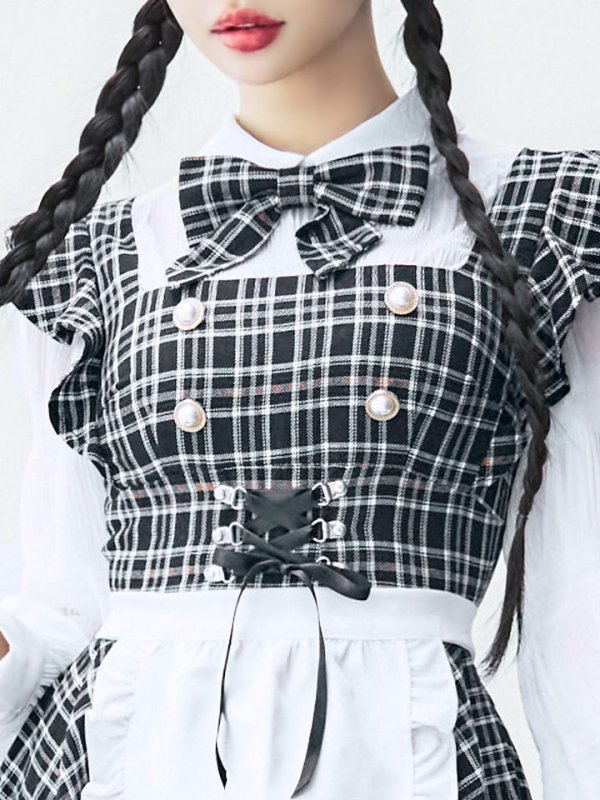 画像37: 【SALE!!】【即日発送！】【ハロウィン】ブラックチェックメイドワンピース 【コスプレ5点セット】[HC03]