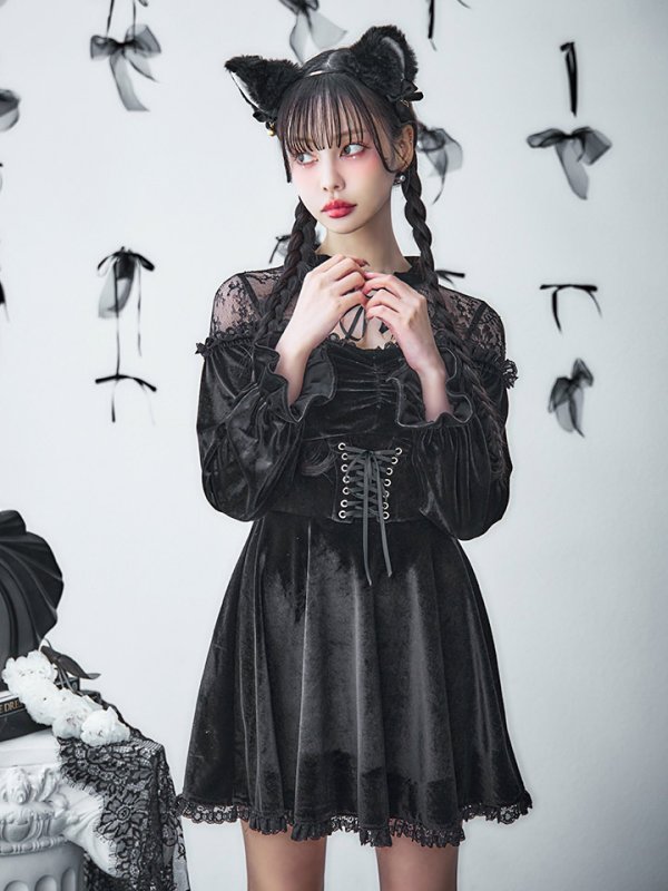 画像14: 【SALE!!】【即日発送！】【ハロウィン】ブラックキャットベロアワンピース 【コスプレ3点セット】[OF04]