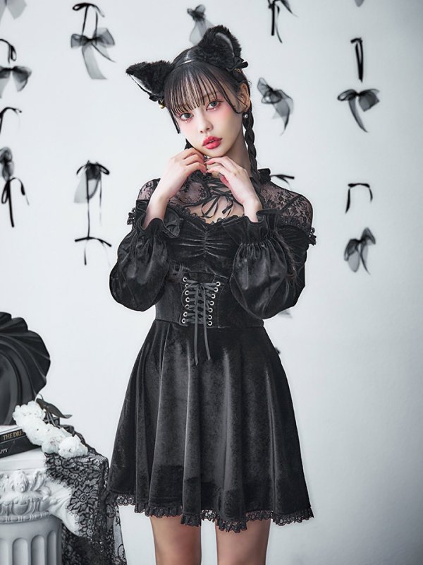 画像17: 【SALE!!】【即日発送！】【ハロウィン】ブラックキャットベロアワンピース 【コスプレ3点セット】[OF04]