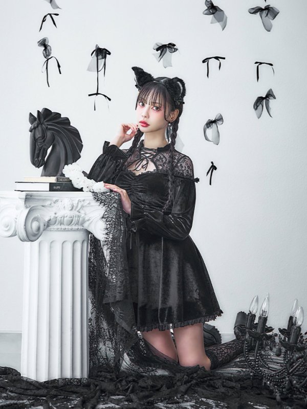 画像7: 【SALE!!】【即日発送！】【ハロウィン】ブラックキャットベロアワンピース 【コスプレ3点セット】[OF04]