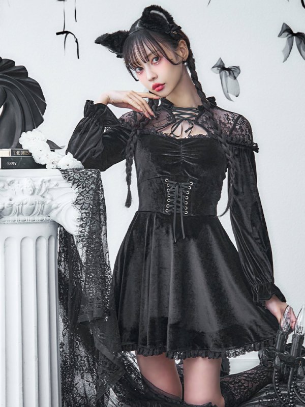 画像8: 【SALE!!】【即日発送！】【ハロウィン】ブラックキャットベロアワンピース 【コスプレ3点セット】[OF04]