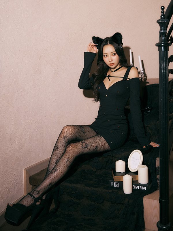 画像26: 【即日発送！】【ハロウィン】キャットスタッズオフショルワンピース 【コスプレ4点セット】【XS-XLサイズ/２カラー】[OF04]