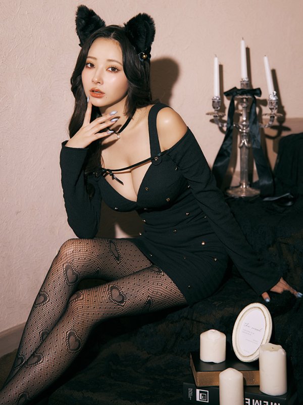 画像24: 【即日発送！】【ハロウィン】キャットスタッズオフショルワンピース 【コスプレ4点セット】【XS-XLサイズ/２カラー】[OF04]