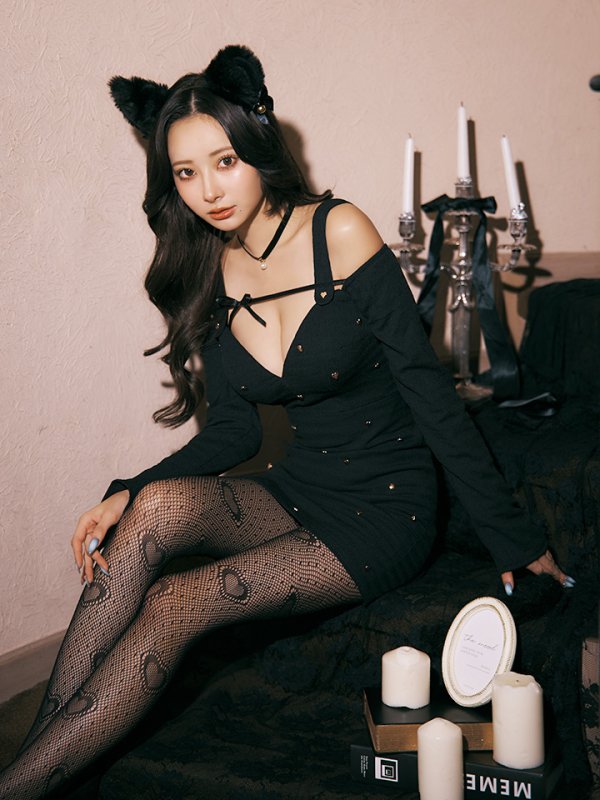 画像25: 【即日発送！】【ハロウィン】キャットスタッズオフショルワンピース 【コスプレ4点セット】【XS-XLサイズ/２カラー】[OF04]