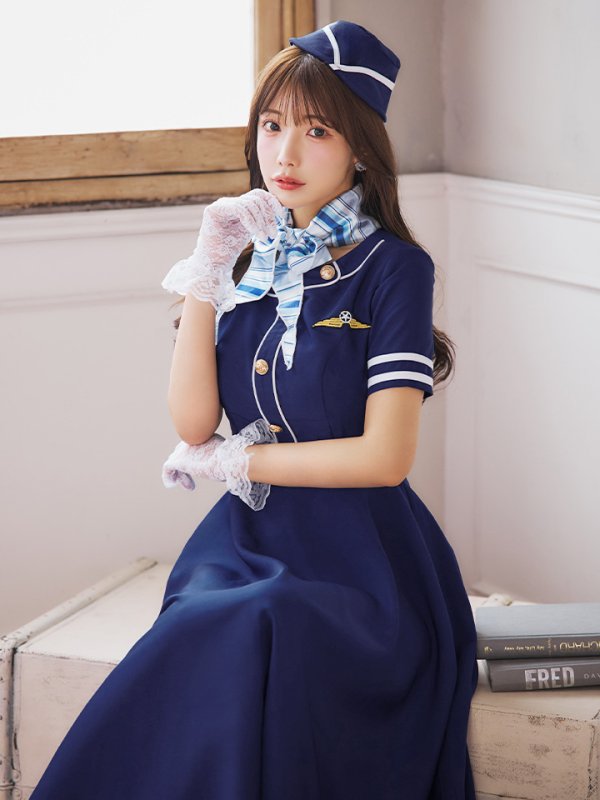 画像5: 【即日発送！】【ハロウィン】CAロングフレアワンピース 【コスプレ5点セット】 【S-XLサイズ/1カラー】[OF01]