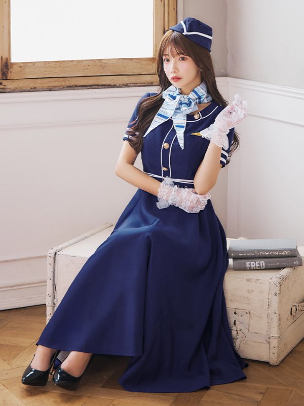 画像8: 【即日発送！】【ハロウィン】CAロングフレアワンピース 【コスプレ5点セット】 【S-XLサイズ/1カラー】[OF01]