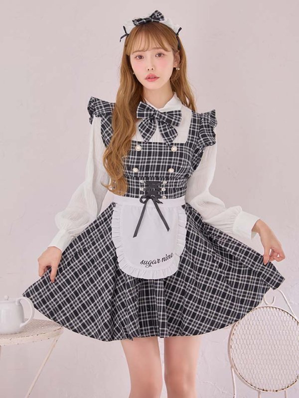 画像3: 【SALE!!】【即日発送！】【ハロウィン】ブラックチェックメイドワンピース 【コスプレ5点セット】[HC03]