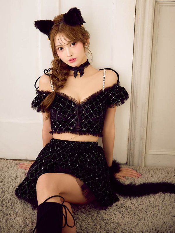画像10: 【即日発送】【ハロウィン】キャットオフショルビジューセットアップ【コスプレ6点セット】【XS-Lサイズ/3カラー】[HC03]