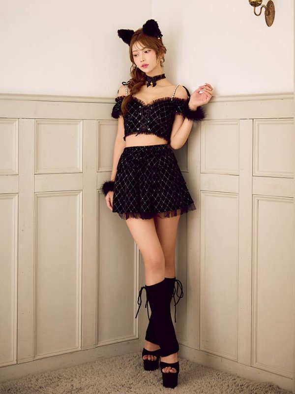 画像13: 【即日発送】【ハロウィン】キャットオフショルビジューセットアップ【コスプレ6点セット】【XS-Lサイズ/3カラー】[HC03]