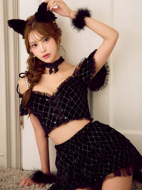 画像2: 【即日発送】【ハロウィン】キャットオフショルビジューセットアップ【コスプレ6点セット】【XS-Lサイズ/3カラー】[OF04/OF03]