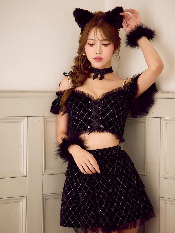 画像5: 【即日発送】【ハロウィン】キャットオフショルビジューセットアップ【コスプレ6点セット】【XS-Lサイズ/3カラー】[HC03]