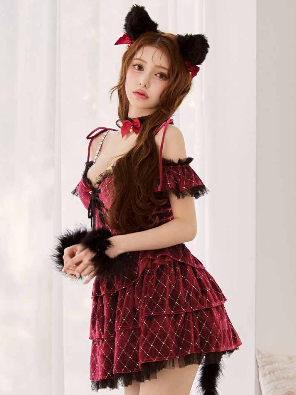 画像9: 【即日発送】【ハロウィン】キャットオフショルビジューセットアップ【コスプレ6点セット】【XS-Lサイズ/3カラー】[HC03]