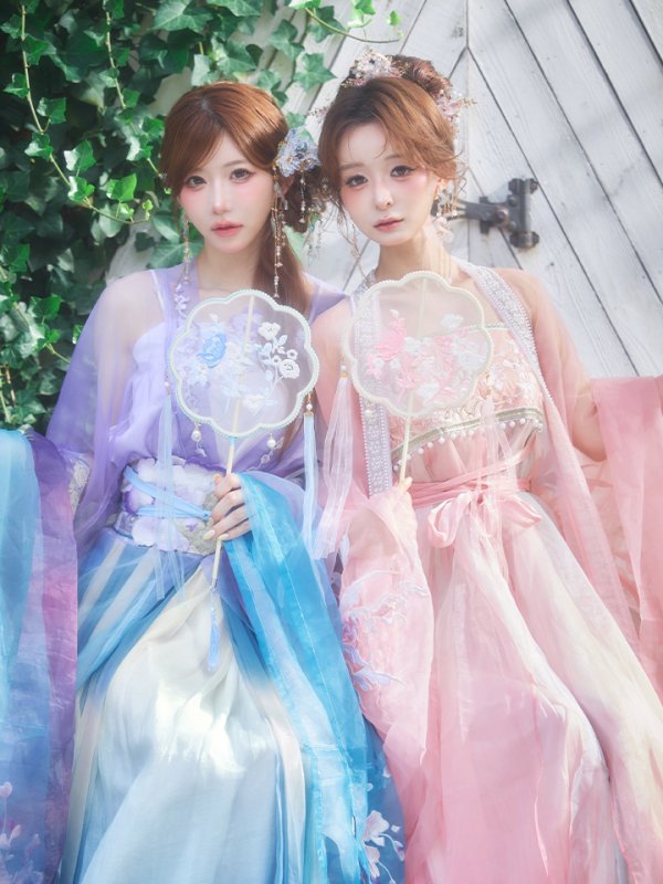 画像1: 【送料無料！】【ハロウィン】ピンク花刺繍ロングシフォン漢服セット/ブルーグラデーション花刺繍ロングシフォン漢服セット【Fサイズ】【一部予約/8月下旬発送予定】[OF03]