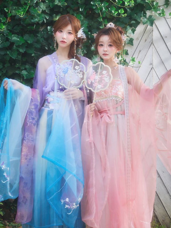 画像3: 【送料無料！】【ハロウィン】ピンク花刺繍ロングシフォン漢服セット/ブルーグラデーション花刺繍ロングシフォン漢服セット【Fサイズ】【一部予約/8月下旬発送予定】[OF03]