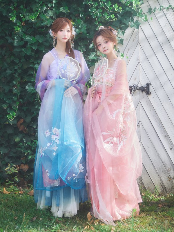 画像4: 【送料無料！】【ハロウィン】ピンク花刺繍ロングシフォン漢服セット/ブルーグラデーション花刺繍ロングシフォン漢服セット【Fサイズ】【一部予約/8月下旬発送予定】[OF03]