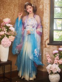 【即日発送】【送料無料！】【ハロウィン】ブルーグラデーション花刺繍ロングシフォン漢服セット【コスプレ5点SET】【Fサイズ】[OF03]明日花キララ着用