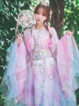 【一部予約商品/8月下旬発送予定】【送料無料！】【ハロウィン】ピンク×ブルー花刺繍ロングシフォン漢服セット【コスプレ4点SET】【Fサイズ】[OF03]三上悠亜着用