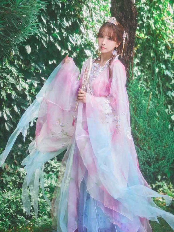 画像19: 【一部予約商品/8月下旬発送予定】【送料無料！】【ハロウィン】ピンク×ブルー花刺繍ロングシフォン漢服セット【コスプレ4点SET】【Fサイズ】[OF03]三上悠亜着用