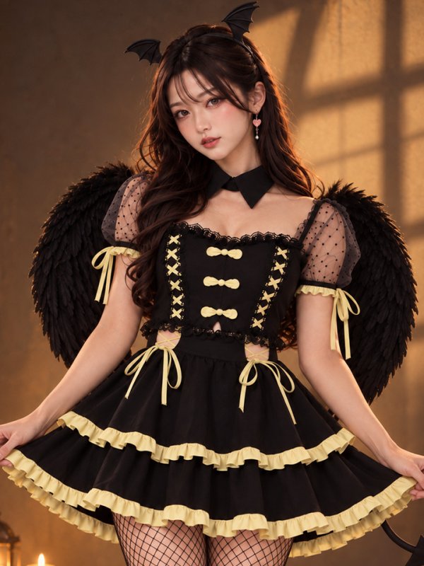 画像1: 【即日発送】【送料無料！】【ハロウィン】レースアップリボンデビルコスプレ【コスプレ6点SET】【S-Mサイズ/3カラー】[OF04]