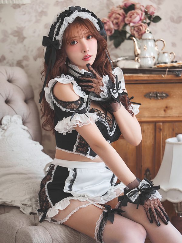 画像2: 【送料無料！】【ハロウィン】リボンヘッドレースアップゴシックメイドコスプレ【コスプレ5点SET】【XS-Lサイズ】【予約/10月上旬発送予定】[OF03]三上悠亜着用