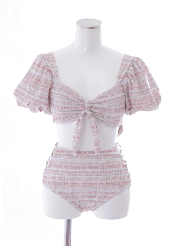 画像11: 【即日発送】【ビキニ】【水着】パフスリーブ 2way ツイードプリント ビキニ 2点セット[YMT]