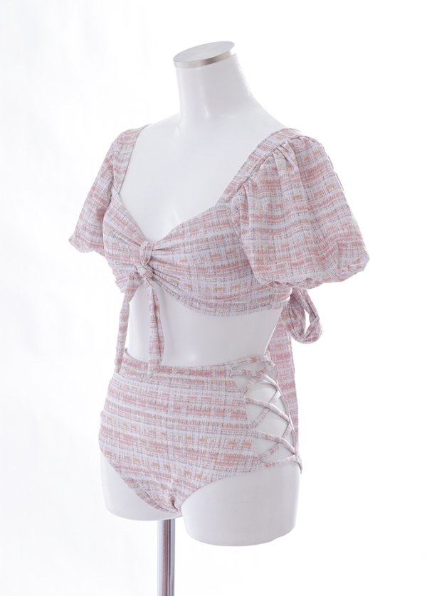 画像12: 【即日発送】【ビキニ】【水着】パフスリーブ 2way ツイードプリント ビキニ 2点セット[YMT]