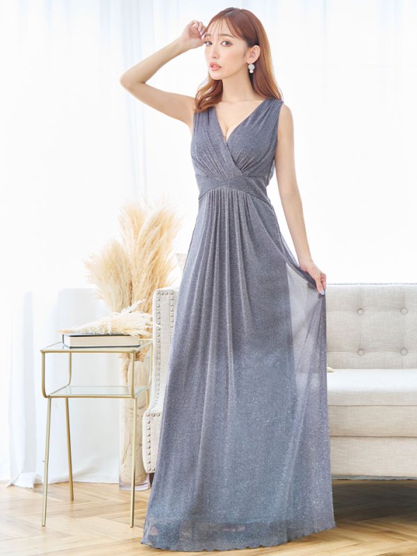 画像3: グリッターラメロングドレス/カシュクール/ノースリーブ/谷間見せ/背中隠し/キャバドレス【S-XLサイズ/2カラー】[OF03B]