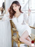 ワンカラービジュードレス/ロングスリーブ/シアー袖/ロングスリーブ/ウエストサイドシアー/タイトスカート/谷間見せ/背中隠し/ミニドレス/キャバドレス【S-Lサイズ/2カラー】[OF08-X 【IM】