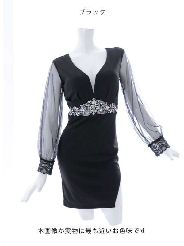 画像13: ワンカラー/シースルー/袖あり/谷間見せ/ビジュー/タイト/ミニドレス/キャバドレス【S-Mサイズ/1カラー】[OF03B]