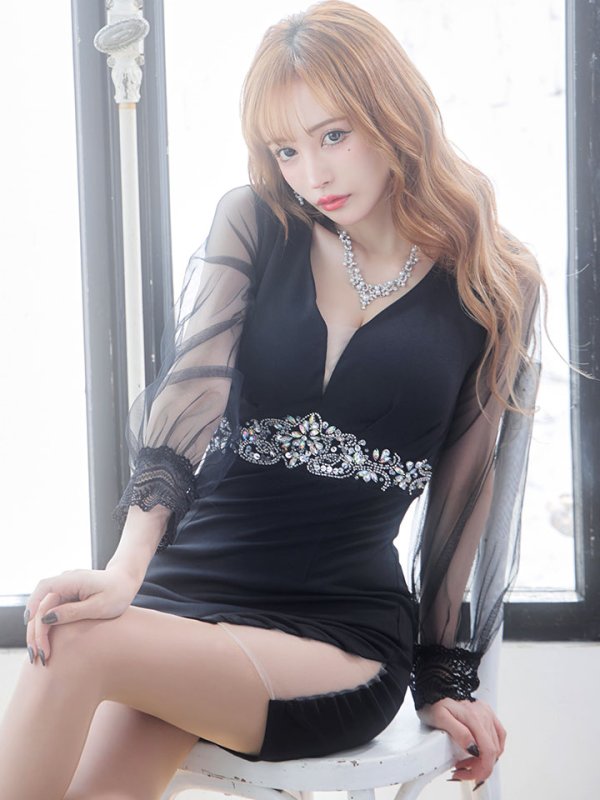 画像7: ワンカラー/シースルー/袖あり/谷間見せ/ビジュー/タイト/ミニドレス/キャバドレス【S-Mサイズ/1カラー】[OF03B]