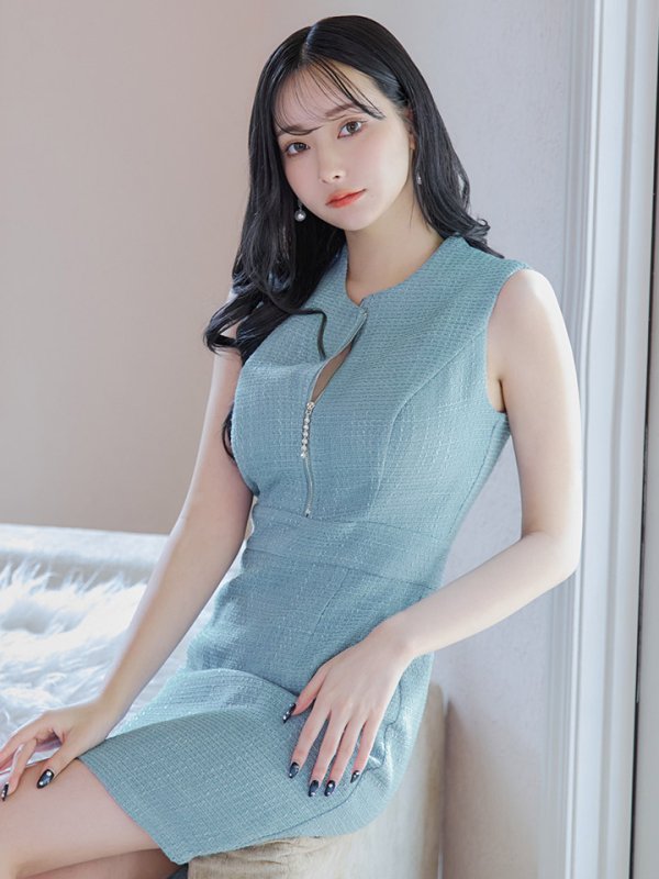 画像1: ノースリーブツイードドレス/タイト/ジップ/背中隠し/キャバドレス/ワンピース/ミニドレス【XS-Mサイズ/1カラー】[OF03] 【IM】