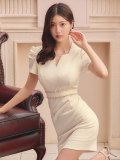 パフスリーブタイトワンピースドレス/ワッフル /スクエアネック /半袖/胸元隠し/背中隠し/ミニドレス/キャバドレス【XS-Lサイズ/1カラー】【IM】[OF08]