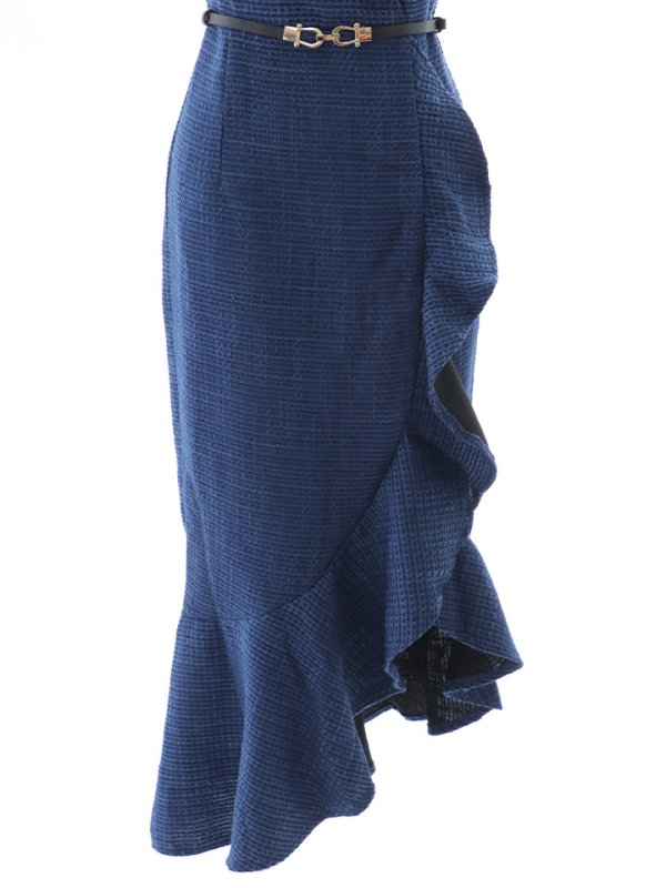 画像12: マーメイドドレス/ツイード/フリル/スリット/谷間見せ/背中隠し/ベルト/ミディアムドレス/キャバドレス【S-Lサイズ/1カラー】[OF01] 【IM】